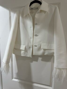 Zara White Feather Cuff Cropped Jacket and Skirt Set